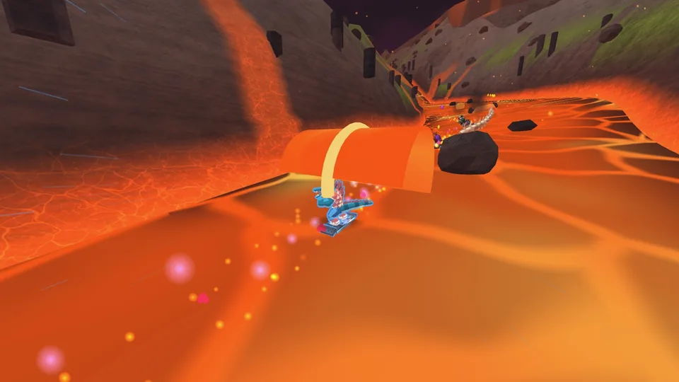 A rider surfing the lava river of Volcano Mountain Chaos